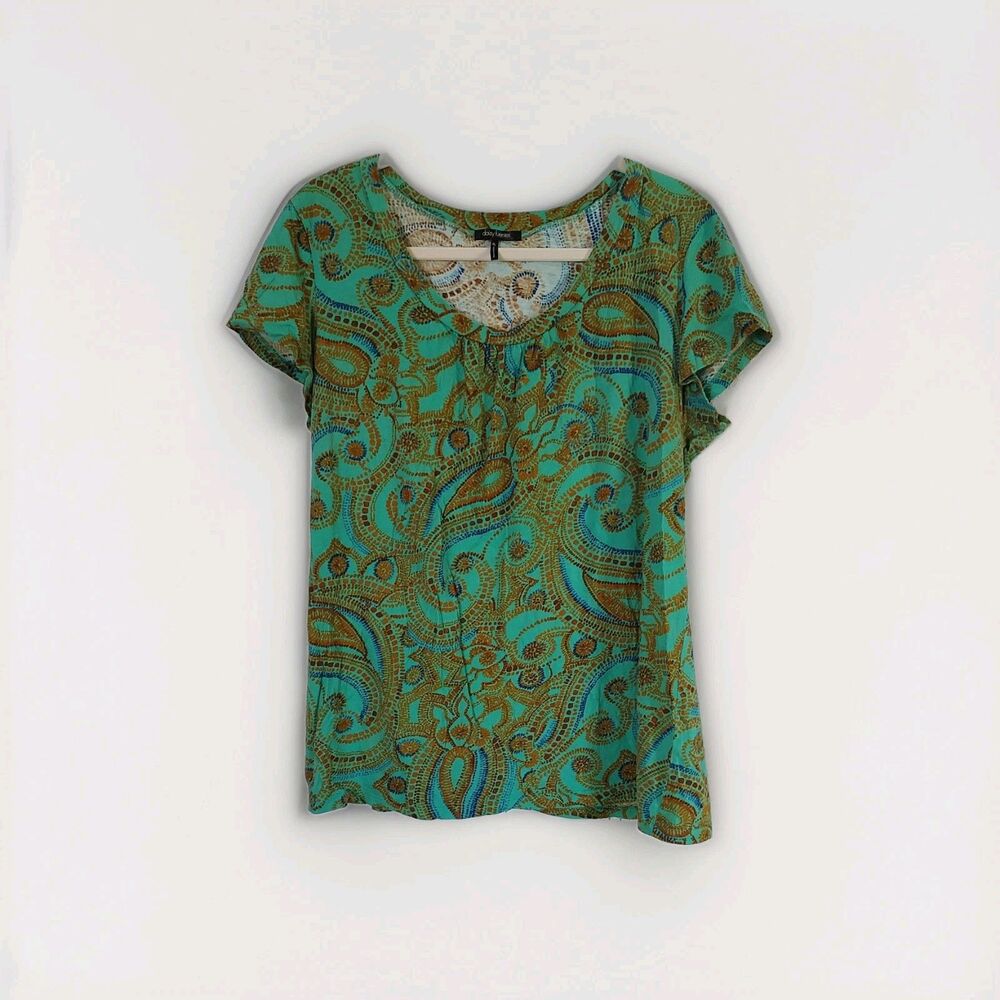 Daisy Fuentes Green Brown Paisley Short Sleeve Top Blouse Women's Size XL